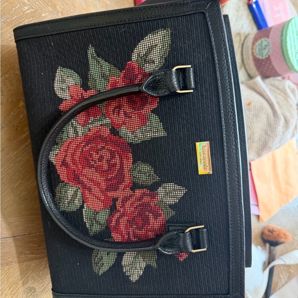 kate spade Black Handbag with Red Rose Needlepoint and Gold Logo